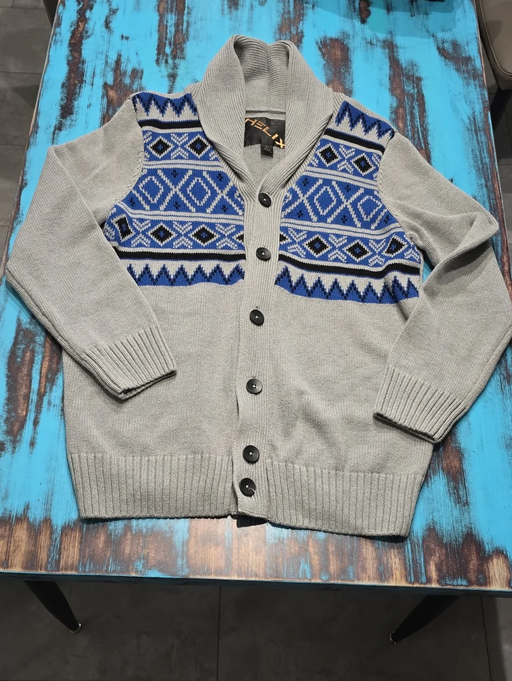 Helix Gray Cardigan Sweater with Blue Pattern
